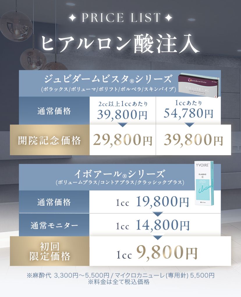 ヒアルロン酸注入の料金表
