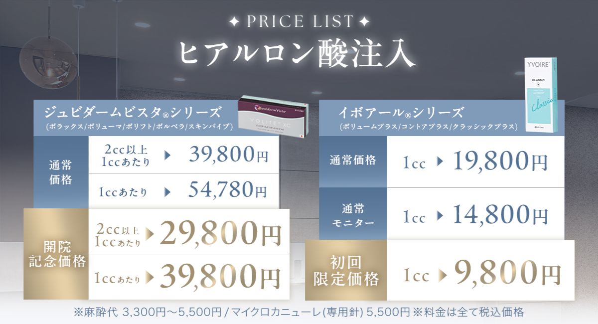 ヒアルロン酸注入の料金表